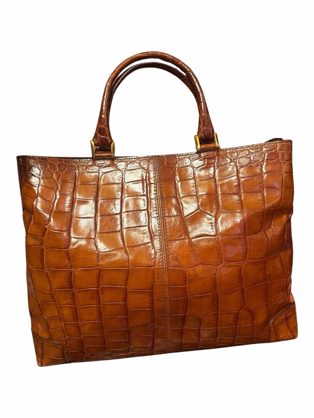 VINTAGE BALLY Italy Cognac Croc Embossed Leather Tote Bag Shopper - Picture 4 of 9